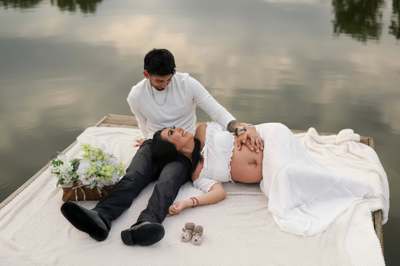 Pregnant woman reclining across her partner on a blanket on the lakeside dock